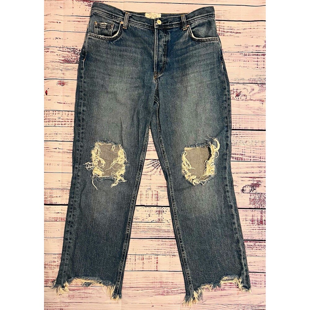 We The Free High Rise Straight Leg Distressed Raw Hem Blue Jeans 29